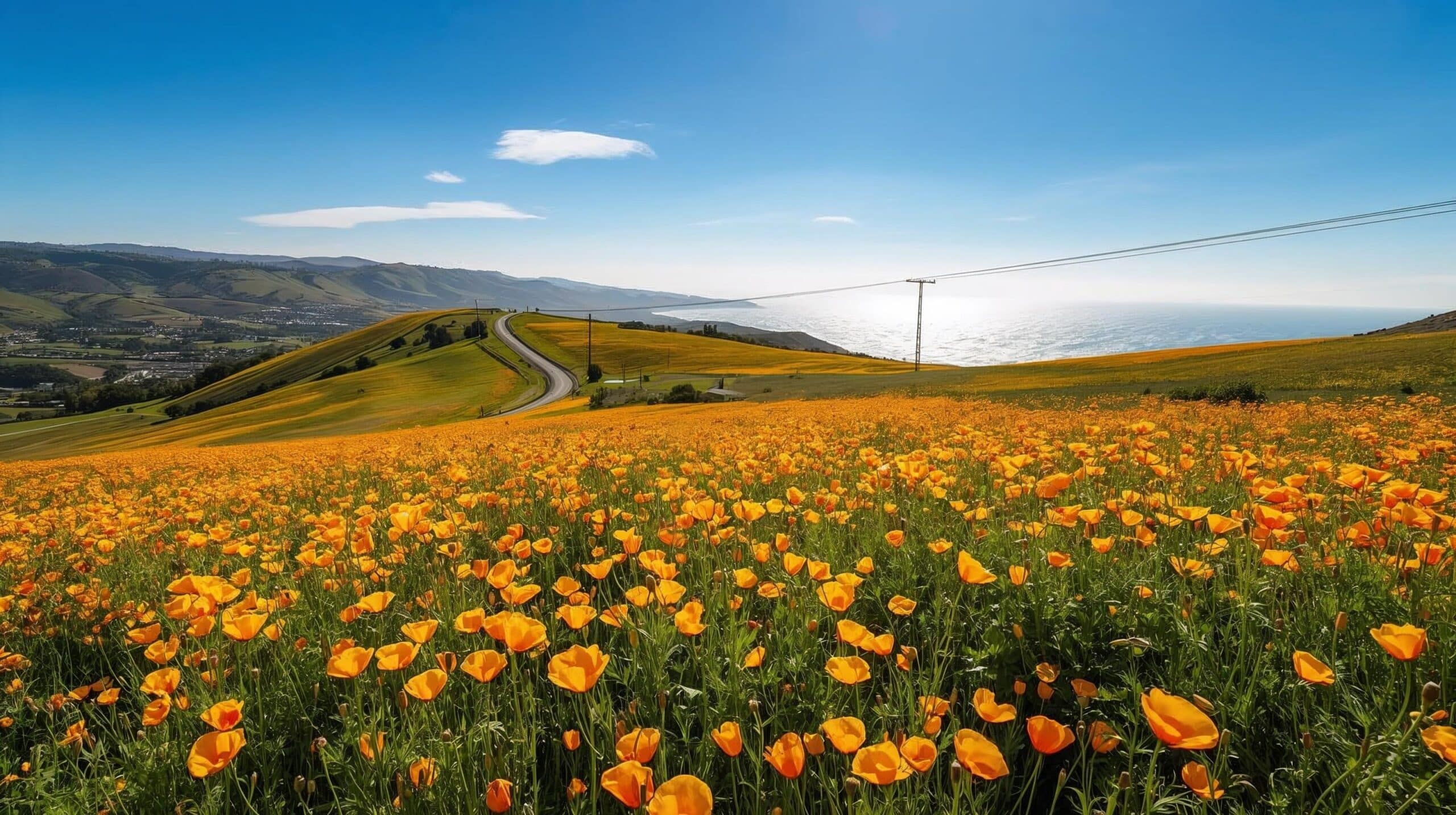 Golden poppies on a field next to hills in California next to road and ocean